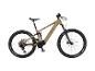 Beiges vollgefedertes E-Mountainbike mit Stollenreifen und RockShox-Federung.