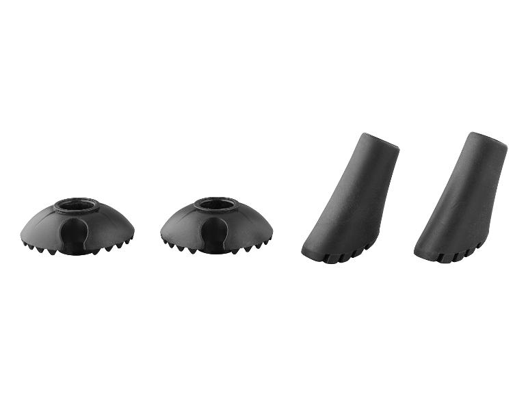 Zwei Trekkingteller und zwei Gummispitzen für Trekkingstöcke.