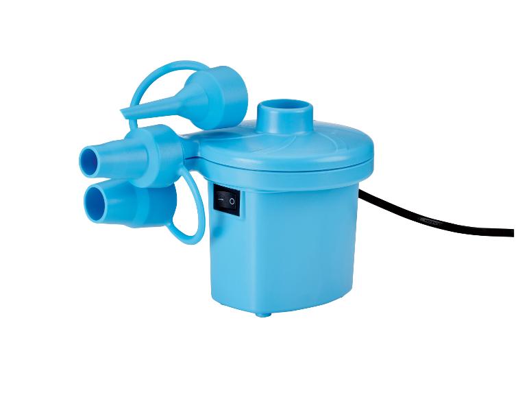 Blaue elektrische Luftpumpe mit verschiedenen Aufsätzen.