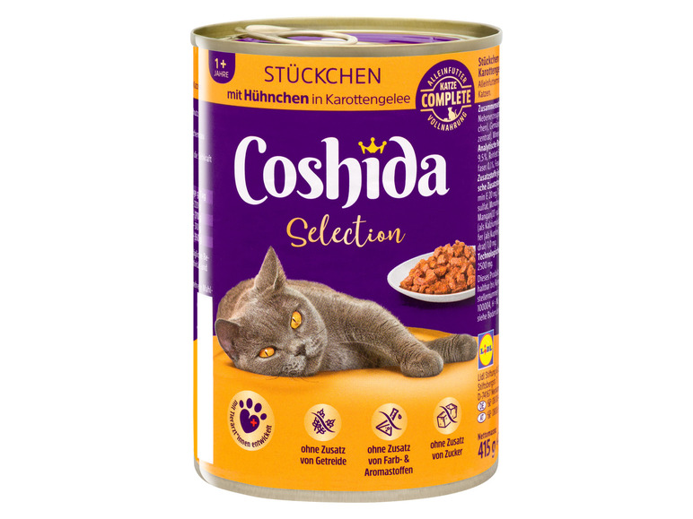 Gehe zu Vollbildansicht: COSHIDA Selection Katzenvollnahrung mit Hühnchen in Karottengelee, 10 x 415 g - Bild 2