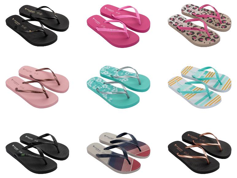 Neun Paar Flip-Flops in verschiedenen Farben und Mustern, darunter Schwarz, Pink, Leopardenmuster und gestreift.