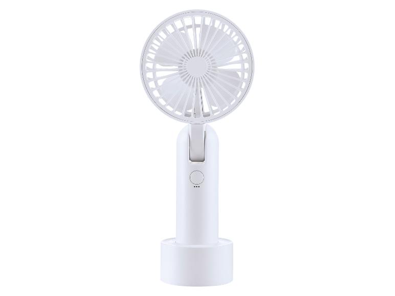 Weißer, wiederaufladbarer Handventilator mit Standfuß.