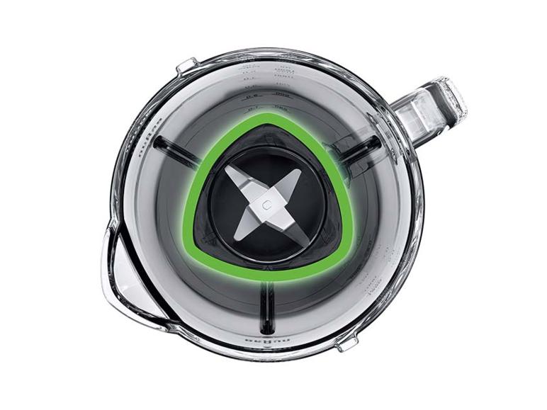 Draufsicht auf einen transparenten Mixerbehälter mit Klingen und einem beleuchteten grünen Bereich.