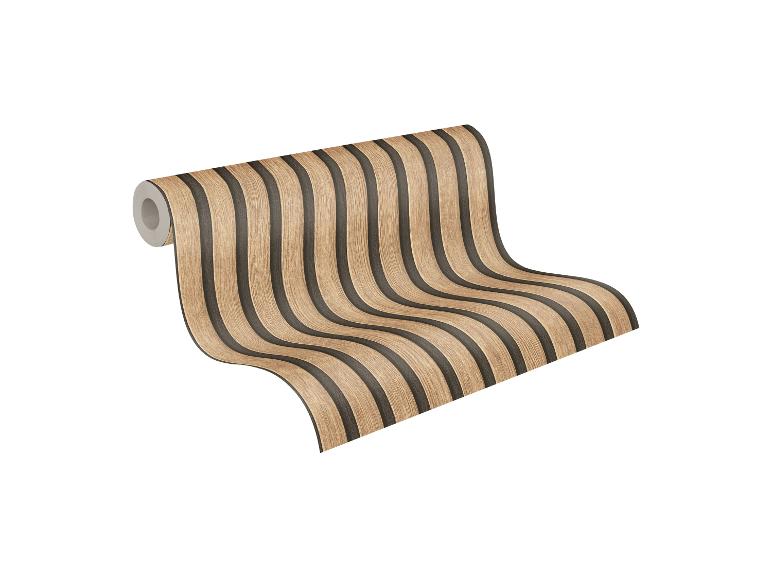 Tapetenrolle mit braunen und schwarzen vertikalen Streifen.