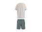 Herren-Set aus beigem T-Shirt und grünen Shorts, Rückansicht.