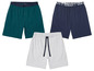 Drei Shorts: eine gestreifte grüne, eine dunkelblaue und eine graue.
