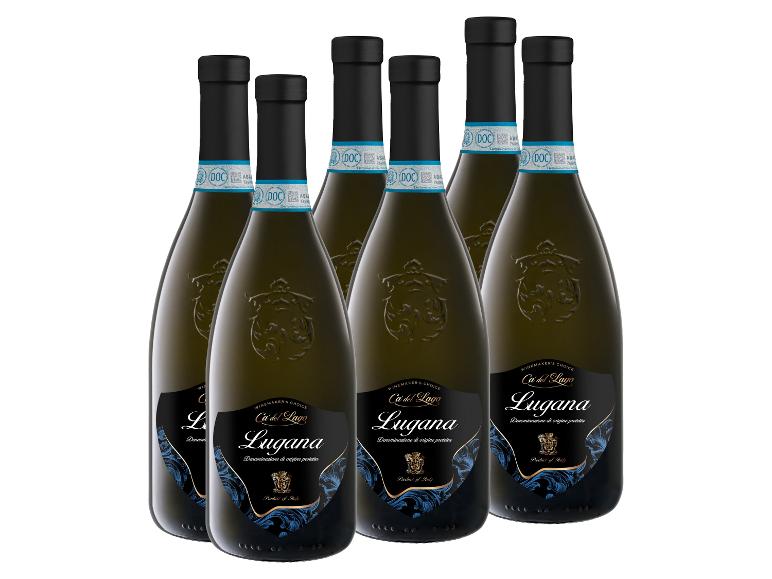 Sechs Flaschen Lugana Weißwein mit schwarzen Etiketten und blauen Details.