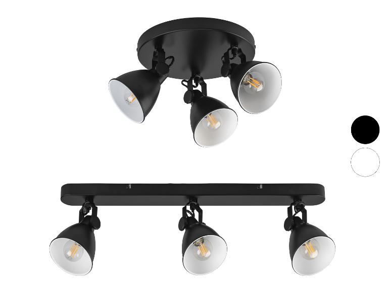 Schwarze Deckenstrahler mit drei und vier Glühbirnen.