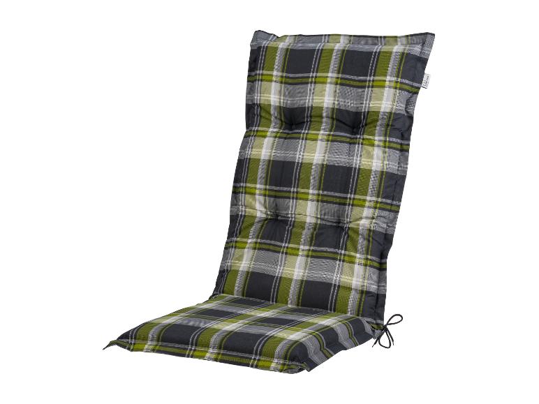 Grün, grau und weiß kariertes Gartenstuhlpolster mit Livarno-Etikett.