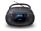 Ein schwarzer Karcher tragbares Radio mit CD-, MP3-, USB- und Kassettenspieler.