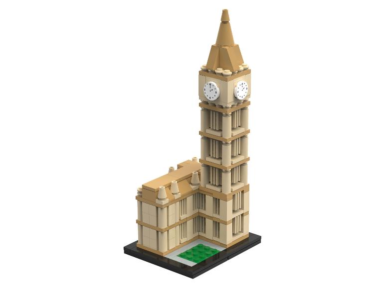 Big Ben Uhrturm aus beigen und braunen Bausteinen, mit einer Uhr auf jeder Seite.