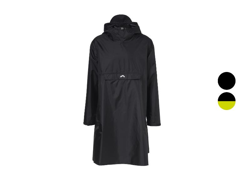 Schwarzer Regenponcho mit Kapuze und Vordertasche, mit schwarzen und gelb-schwarzen Farboptionen.