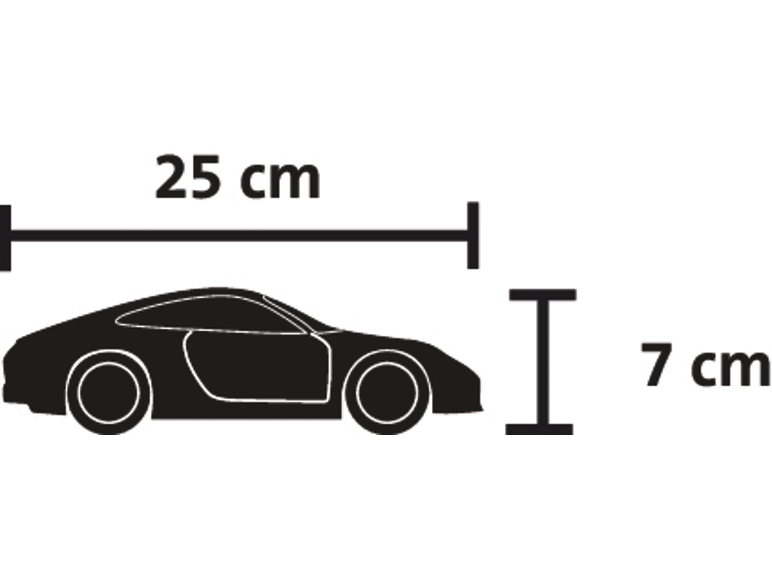 Abmessungen eines Spielzeugautos mit einer Länge von 25 cm und einer Höhe von 7 cm.
