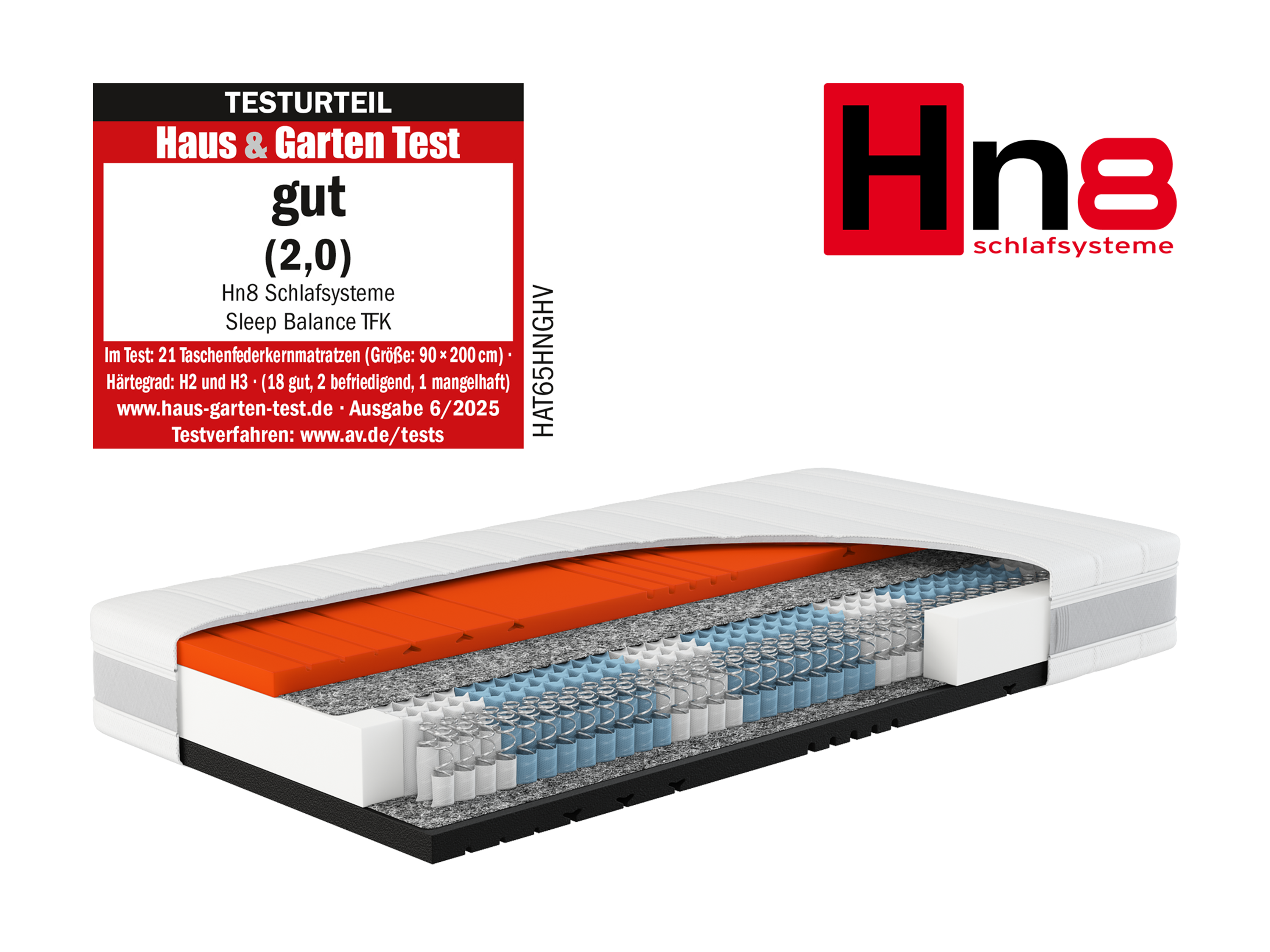 Hn8 Schlafsysteme 7-Zonen Taschenfederkern-Matratze Sleep Balance TFK mit Wendefunktion (H2/H3, 90 x 200 cm) | 04046277626815