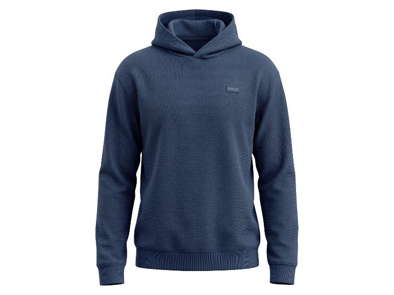 Herren-Hoodie in Marineblau mit strukturiertem Stoff und kleinem Aufnäher auf der Brust.
