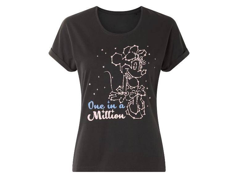 Kurzärmliges schwarzes T-Shirt mit Minnie Maus als Sternbild, Text: 'One in a Million'.