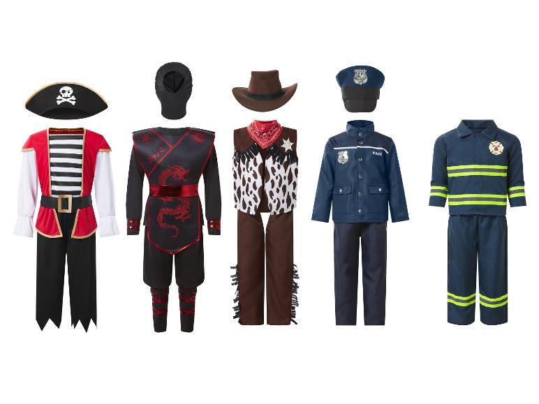 Fünf Kinderkostüme: Pirat, Ninja, Cowboy, Polizist und Feuerwehrmann.