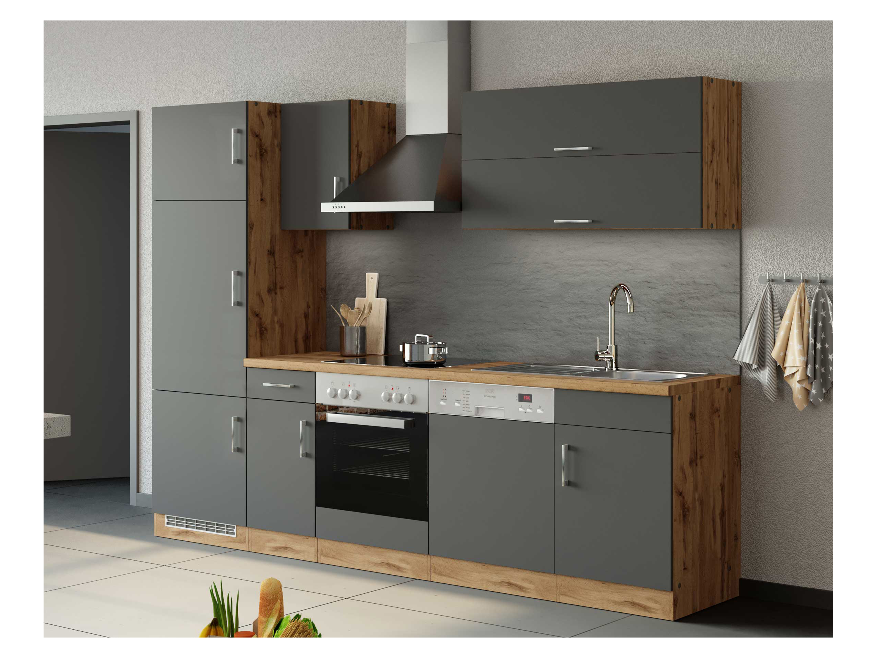 Thumbnail - HELD Küchenzeile »Hamburg«, mit Elektrogeräten (270 cm, wotaneiche/ melamin anthrazit)