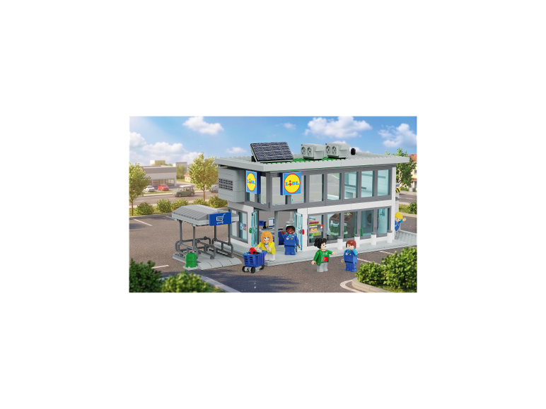 LUPILU® Clippys Set L: LEGO® Lidl Laden mit Minifiguren und Solarpaneelen.