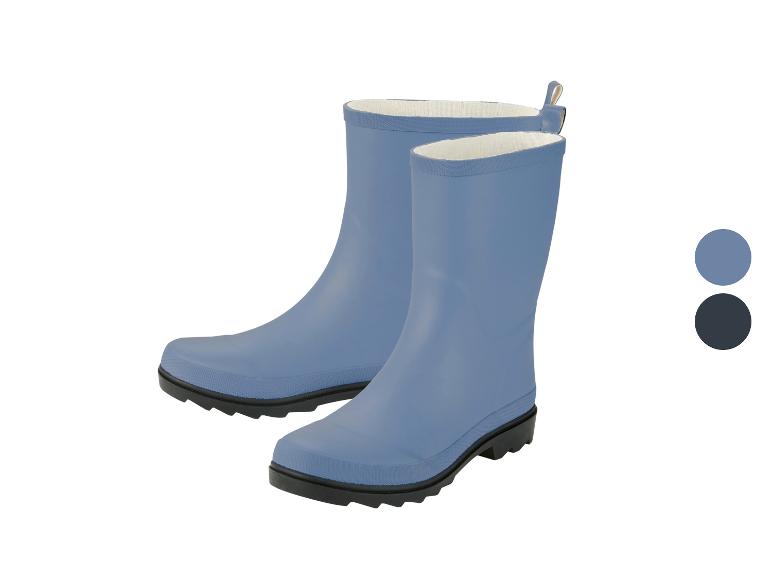 Ein Paar blaue Gummistiefel mit schwarzen Sohlen und weißem Futter.