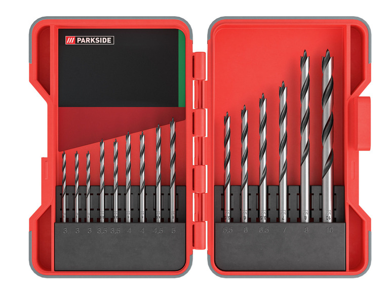 Ein Satz mit 12 Bohrer von Parkside in einer roten Box.