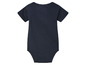 Ein dunkelblauer Baby-Strampler mit kurzen Ärmeln.