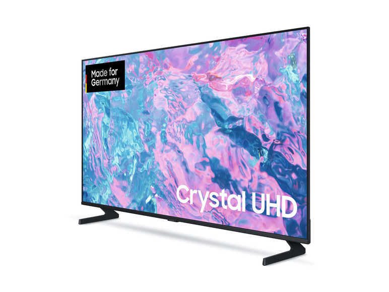 Ein Samsung Crystal UHD Fernseher mit dem Label 'Made for Germany'.