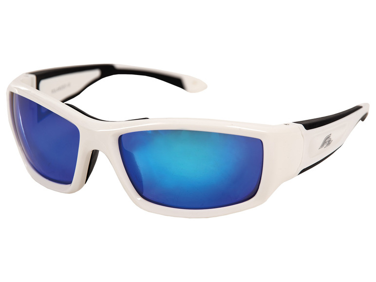 Weiße Sonnenbrille mit blauen Spiegelgläsern.