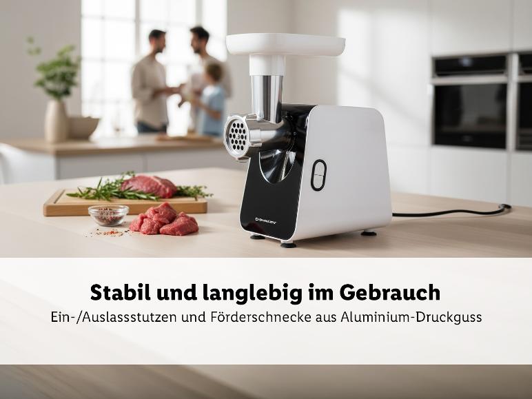 Elektrischer Fleischwolf mit rohem Fleisch und Kräutern, mit Text: Stabil und langlebig im Gebrauch.