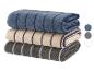 Stapel von drei gestreiften Handtüchern in Blau, Beige und Grau.