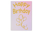 Eine rosa Geburtstagskarte mit goldener Glitzer-Beschriftung 'Happy Birthday' und Ballons.