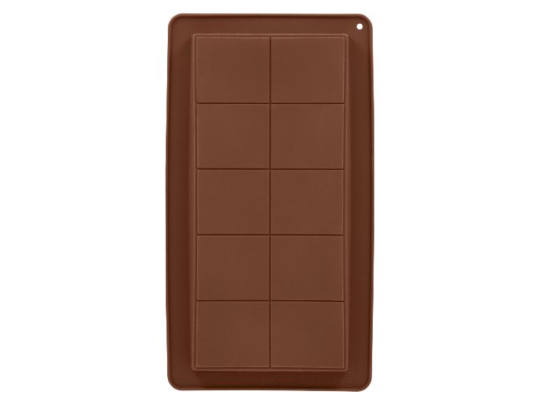 Braune Silikon-Schokoladenform mit 10 rechteckigen Fächern.