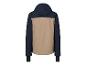 Eine zweifarbige marineblaue und beige Jacke mit Kapuze, von hinten gesehen.