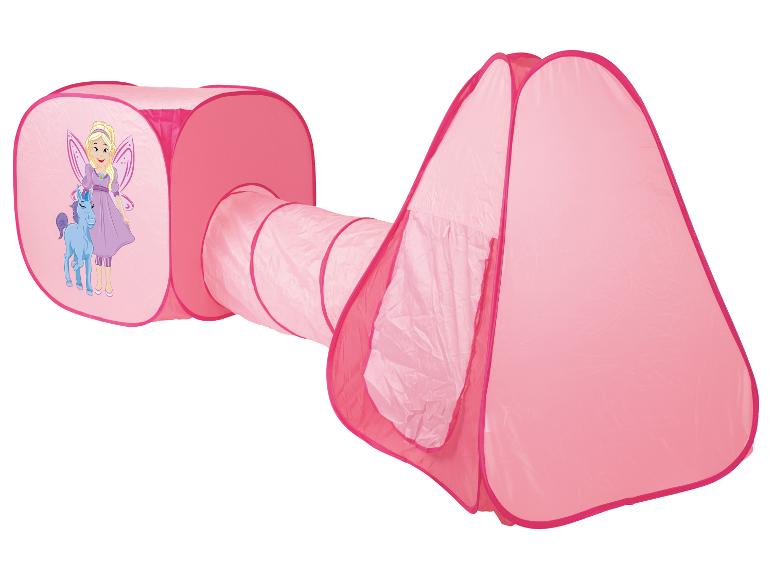 Rosa Tunnel und Zelt für Kinder, mit Feen- und Einhorn-Motiv.