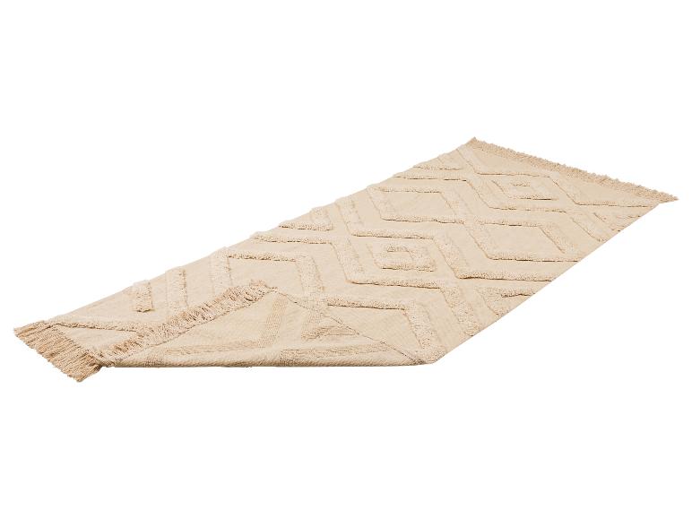 Beiger Teppich mit geometrischem Rautenmuster und Fransen
