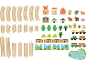 Holzspielzeug-Eisenbahnset mit Schienen, Bauernhofgebäuden, Fahrzeugen, Tieren und Bäumen.