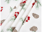 Stoff mit Weihnachtsmuster aus Tannenzapfen, Kiefernzweigen und roten Beeren.