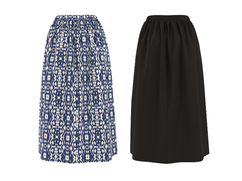 Zwei Damen-Maxiröcke: einer mit blau-weißem Ikat-Muster, einer unifarben schwarz.