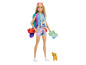 Barbie-Puppe mit Rucksack, Fernglas, Karte und Welpen.