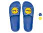 Blaue Badeschlappen mit gelbem Logo und blauem und rotem Text „LIDL“.