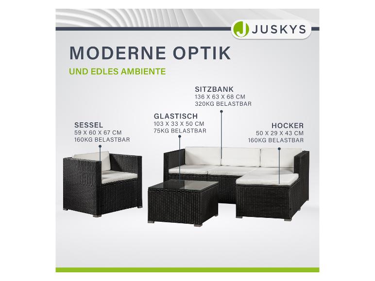 Moderne Lounge-Garnitur mit Sitzbank, Sessel, Glastisch und Hocker, inklusive Maßen und Belastbarkeit.