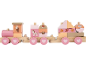 Holzspielzeugzug in Pastellfarben mit Tier- und Naturmotiven.