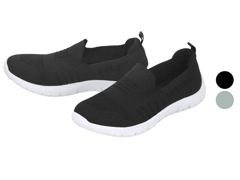 Schwarze Damen-Slip-on-Sportschuhe mit weißen Sohlen, auch in Grau erhältlich.