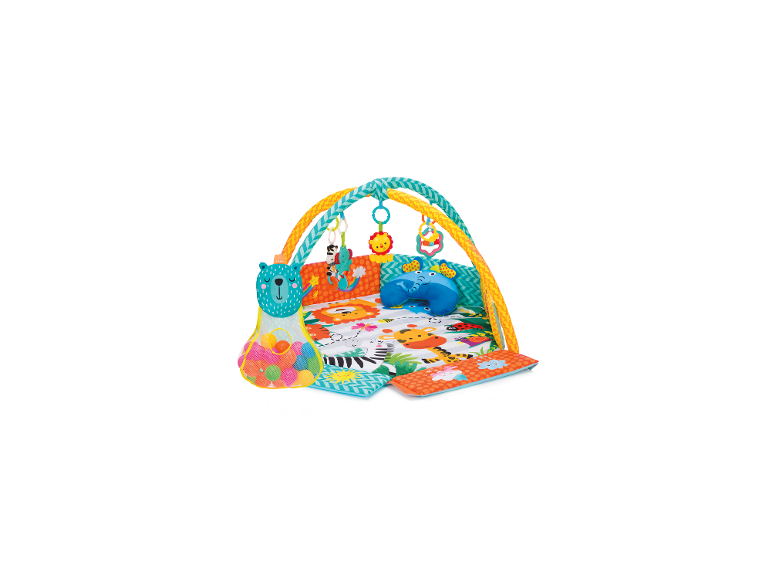 Baby-Spieldecke mit Bögen, Spielzeug und Bällebad im Tiermotiv.
