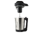 Zerlegter Edelstahl-Standmixer mit schwarzem Deckel und Klinge.