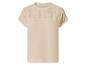 Beiges Damen-T-Shirt mit kurzen Ärmeln und bestickten Details an den Schultern.