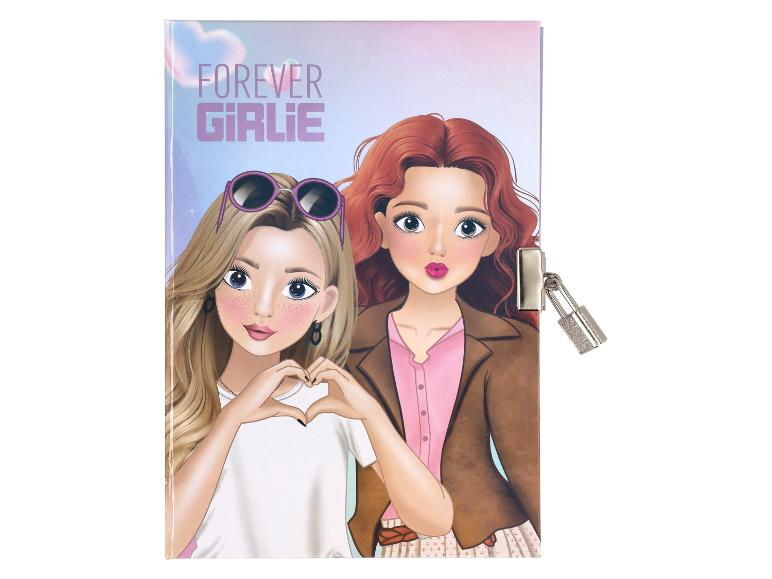 Tagebuch mit Schloss, mit Cartoon-Mädchen und dem Text „FOREVER GIRLIE“.