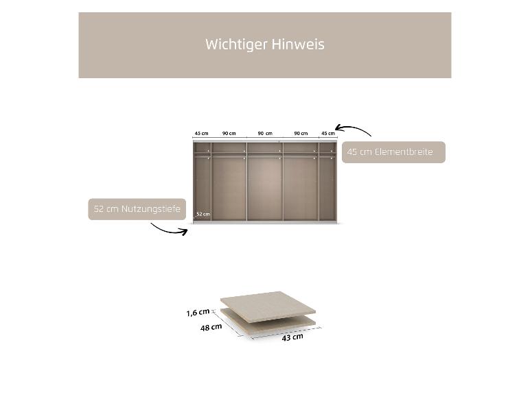 Kleiderschrank mit Maßen: 45, 90 cm breite Elemente, 52 cm Tiefe, 1,6 cm dicke Einlegeböden.