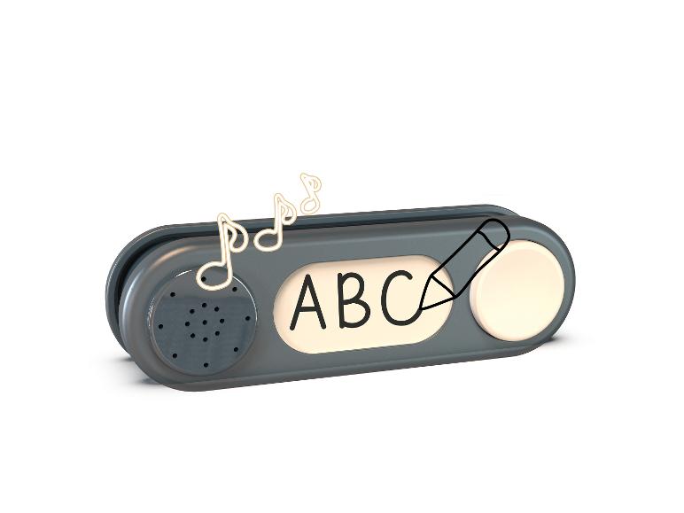 Ein grauer Knopf mit den Buchstaben ABC, einem Mikrofon und einem Bleistift-Symbol