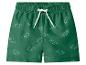 Grüne Badeshorts mit Dinosaurier-Print und weißem Kordelzug.